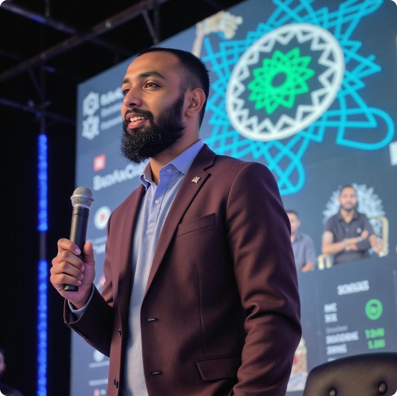 Taher Uiux is giving a speech in front of an audience